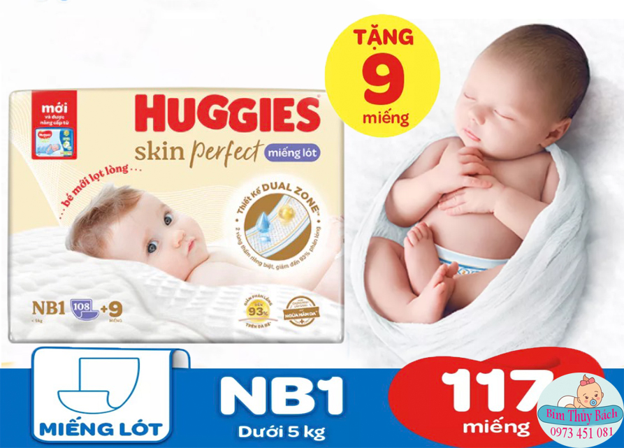 Miếng lót Sơ Sinh Huggies NB1 108 miếng + Tặng 9NB