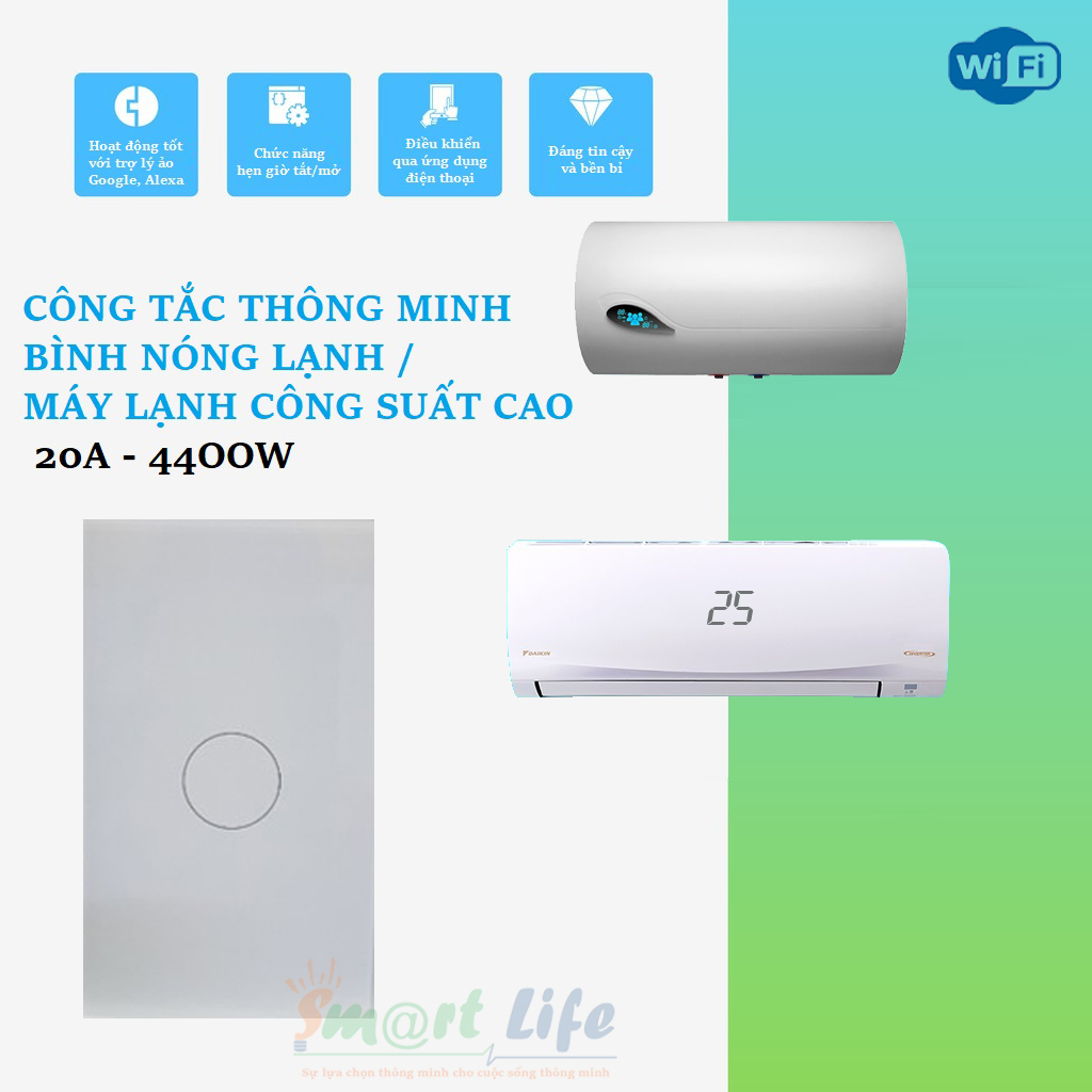 Công tắc bình nóng lạnh/ máy lạnh cao cấp 20A 4400W kết nối wifi - Tuya Smart Life boiler switch 20A 4400W