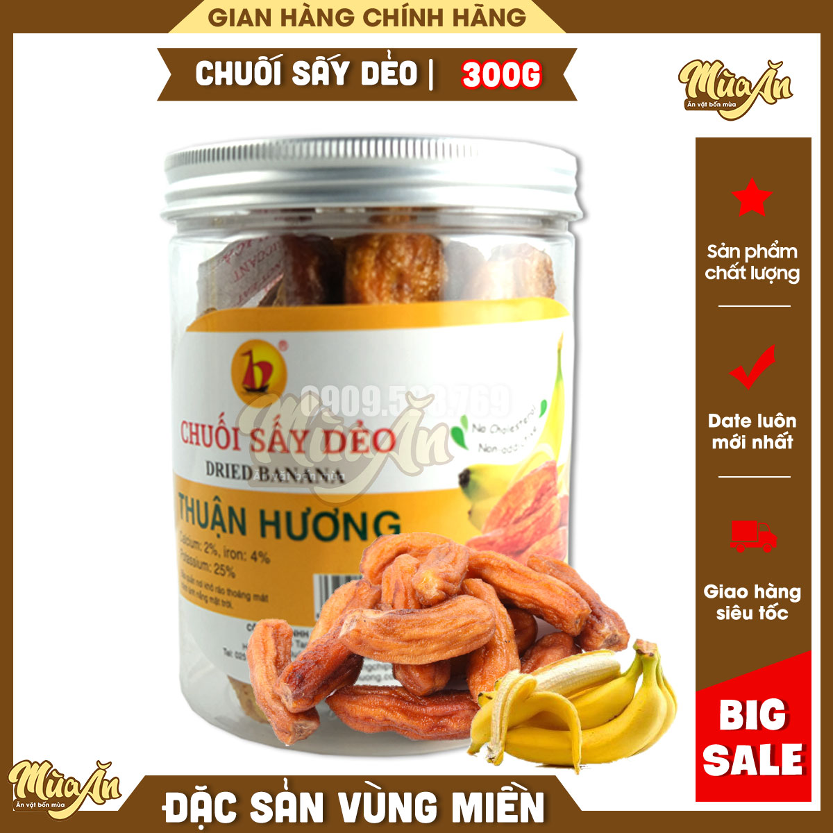 Chuối sấy dẻo không đường 300g, Chuối sấy nguyên quả vị ngọt tự nhiên của chuối không đường hoá học
