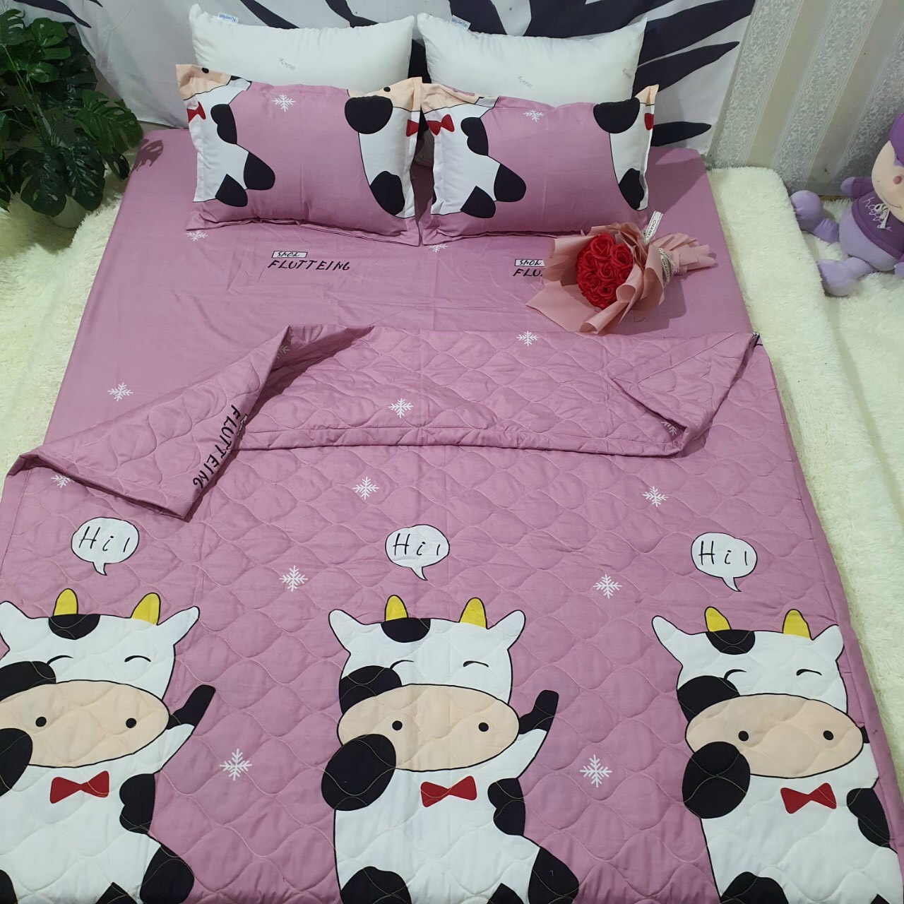 Bộ Chăn Ga Gối Cotton Poly Bò Hồng , Chất Liệu Bền Đẹp, Không Phai, Không Xù, Mẫu Mã Kích Cỡ Đa Dạng