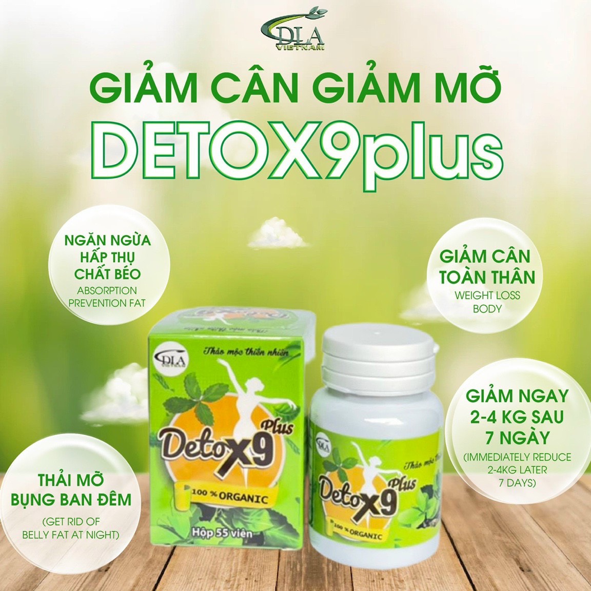 Detox x9 giảm mỡ bụng 3-8cm 55 viên/hộp