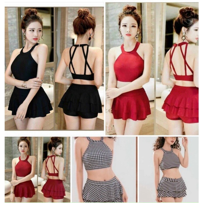 Bikini Đồ Bơi nữ 2 mảnh Đi Biển Yếm Chân Váy Hai Tầng Freesize dưới 55kg có tặng kèm mút lót ngực QP007