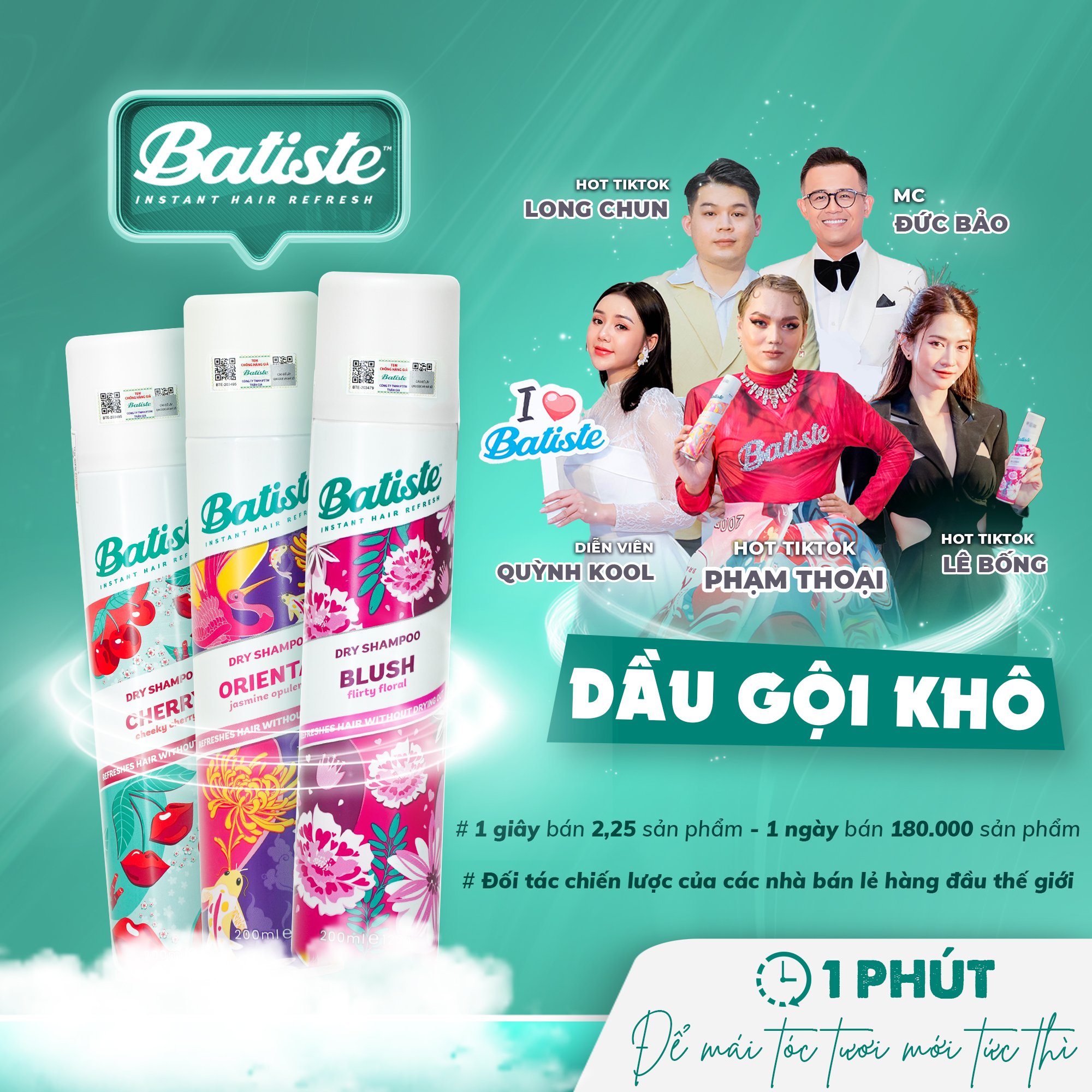 Dầu Gội Khô Batiste Dry Shampoo Gội Khô Phồng Tóc - Gội Đầu Khô 200ml/50ml  Hết Ngứa, Hết Bết Dính Tóc Bồng Bềnh Tức Thì - Tất Cả Mùi Hương