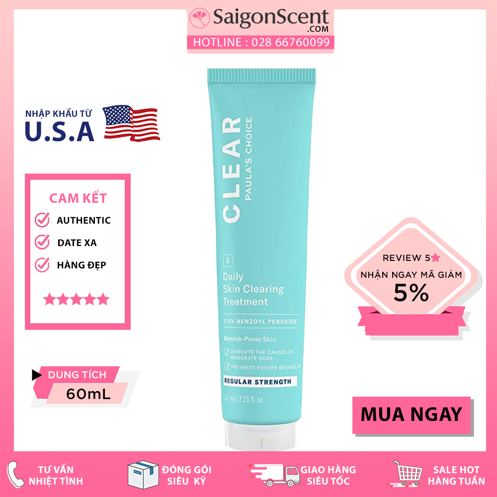 Chấm mụn Paula's Choice Clear Regular Strength 2.5% Benzoyl Peoxide Daily Skin Clearing Treatment ( 6100 - 60mL )