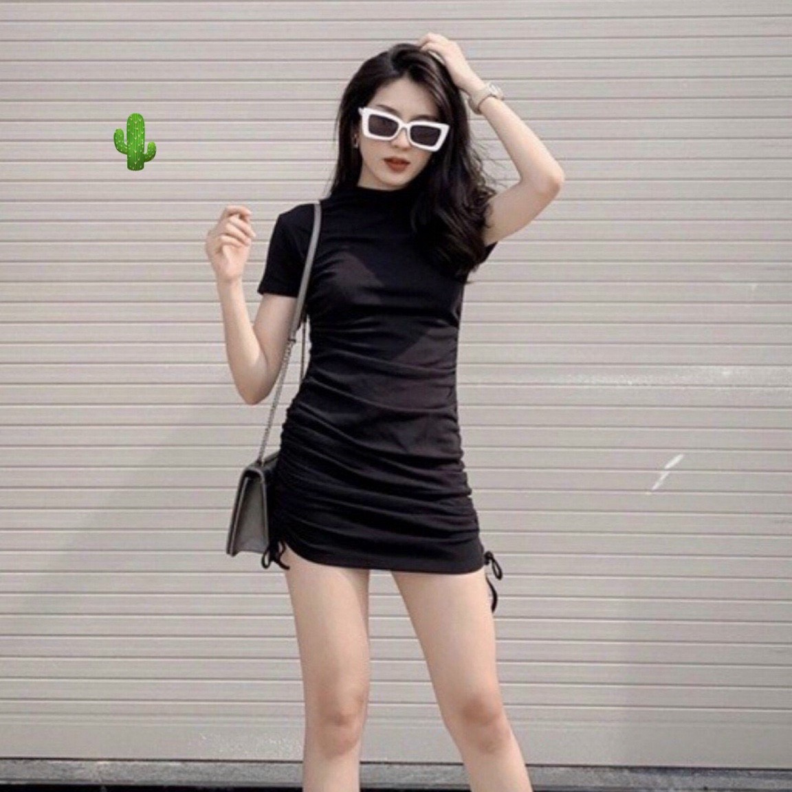 Đầm nữ thun tay ngắn ôm body rút dây 2 bên hông mã pc