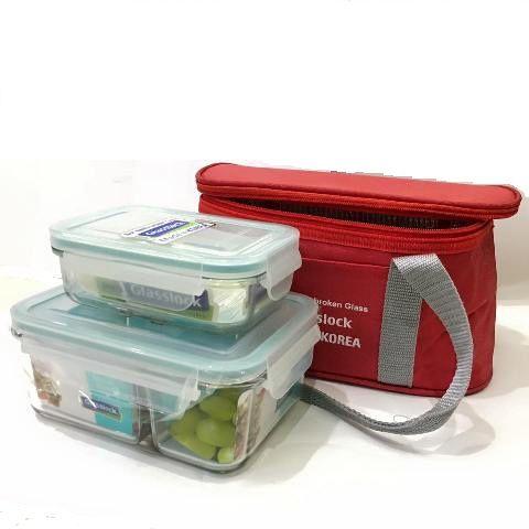 Bộ Hộp Cơm Thủy Tinh Glasslock Hàn Quốc (1000ml chia ngăn + 400ml + Kèm Túi Giữ Nhiệt)