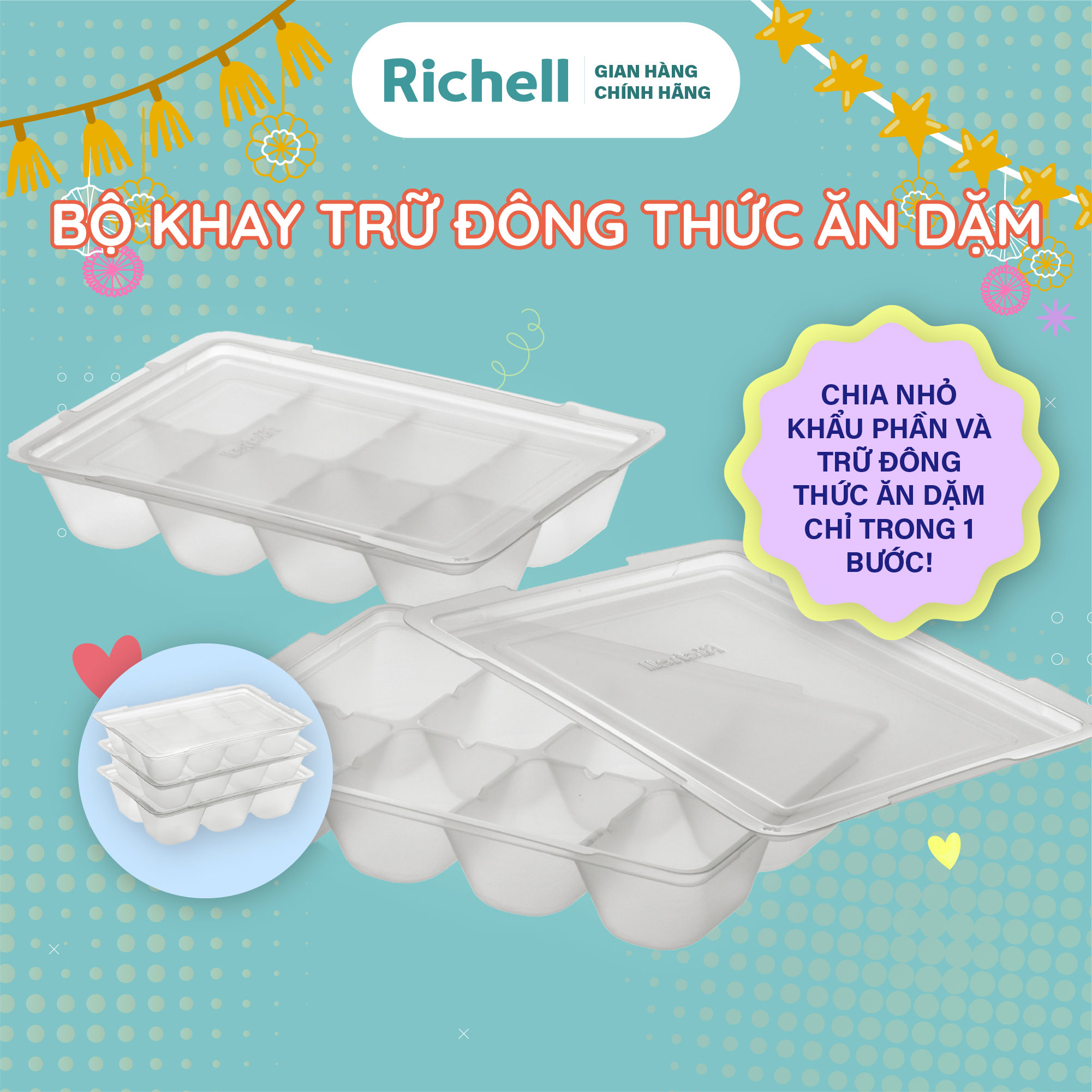 Bộ khay trữ đông thức ăn dặm richell 15-25-50ml có nắp đậy | baby