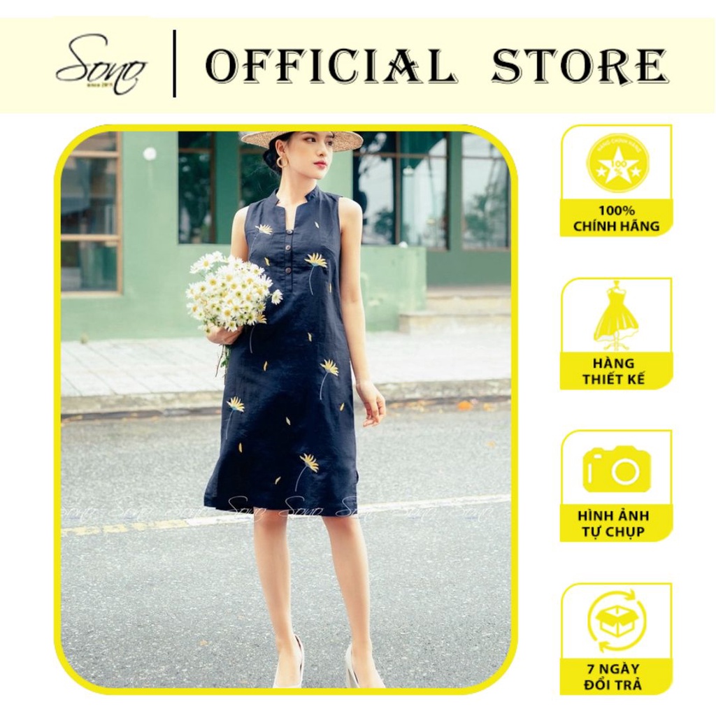 Sono - đầm suông hàng thiết kế thêu nổi hoa rơi chất liệu linen cao cấp