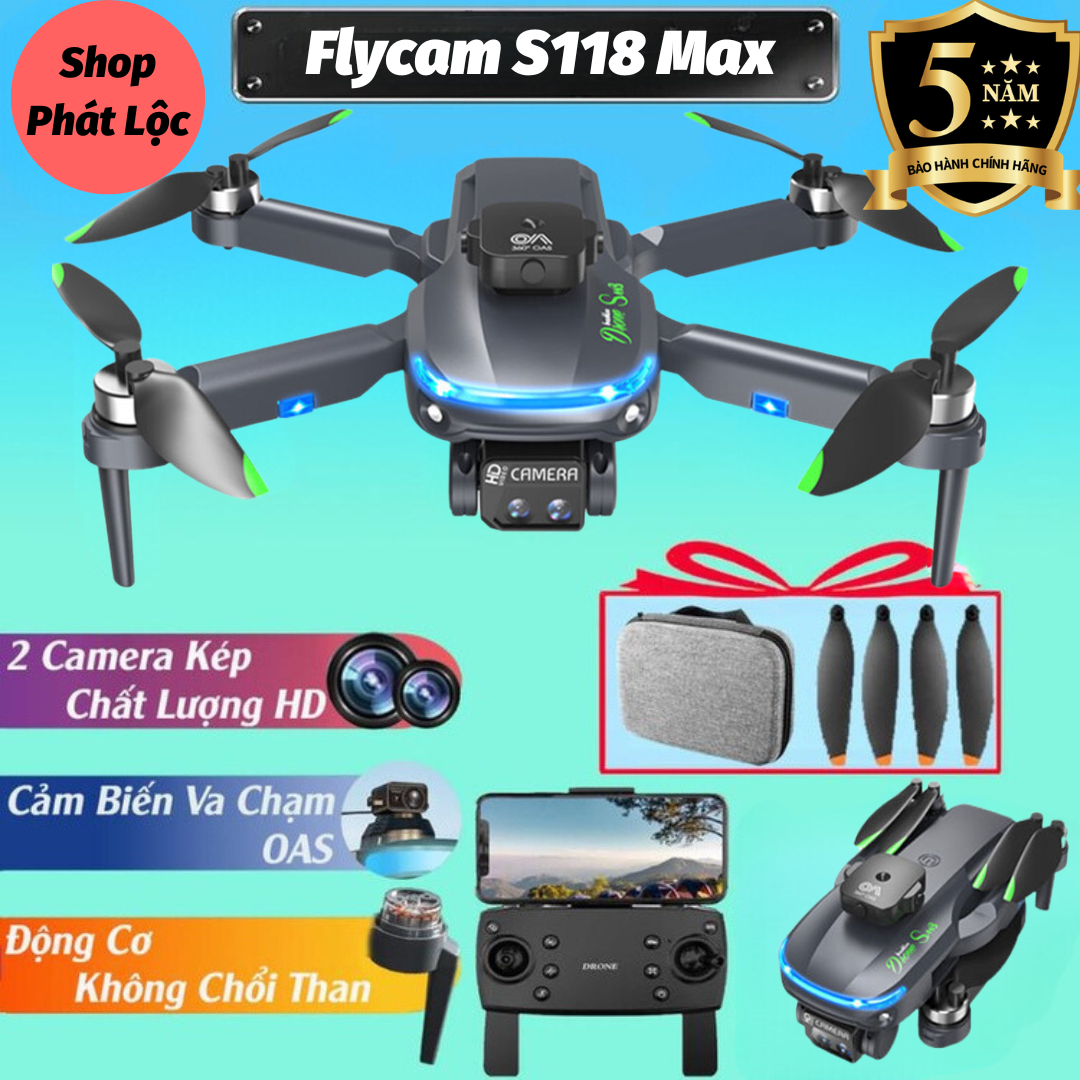 Máy Bay Flycam Drone Camera 8K Flaycam S118 Pro Max Cảm Biến Tránh Vật Cản Plycam có định vị G.P.S tự quay về động cơ không chổi than