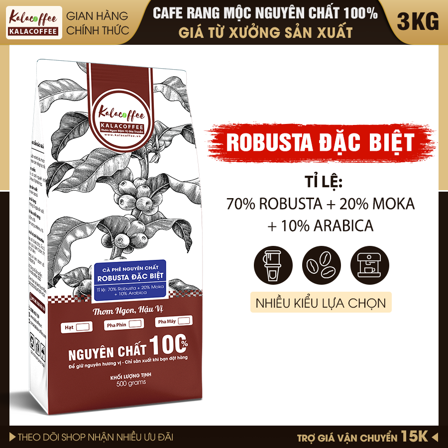 Combo 3kg Cà phê bột Robusta gu đặc biệt Kalacoffee vị đậm đắng mạnh hậu