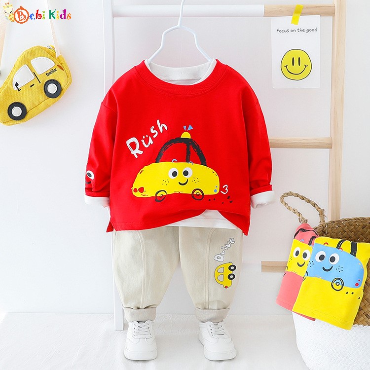 Set áo thun quần kaki trẻ em hình xe oto, quần áo trẻ em , thời trang trẻ em bebikids
