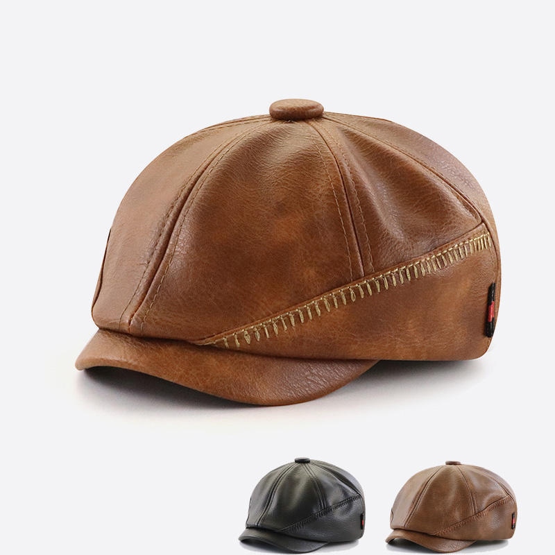 original High-end Hat men's autumn and winter British yuppie octagonal hat PU leather windproof warm peaked cap retro beret painter's hat