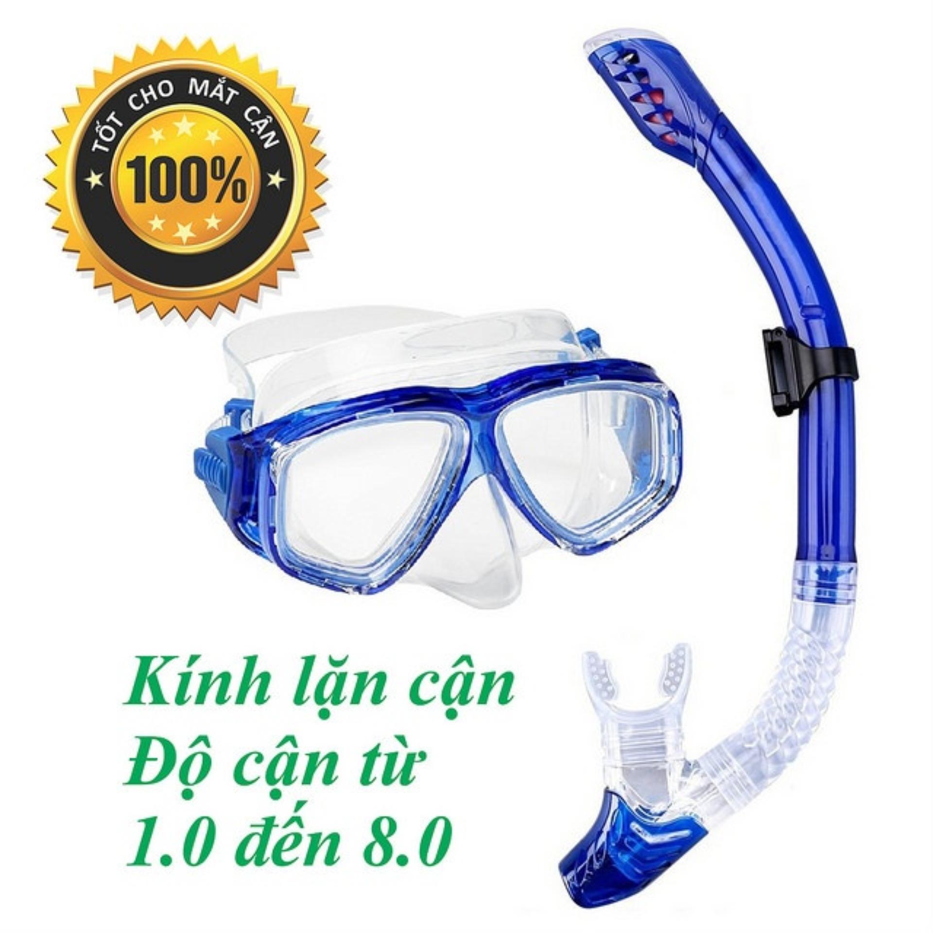 Bộ mặt nạ lặn cận, Ống thở ngăn nước dùng cho người cận thị độ cận từ 1.5 độ đến 8.0 độ, mắt kính cận bằng kính cường lực trong suốt tầm nhìn rộng POPO Collection