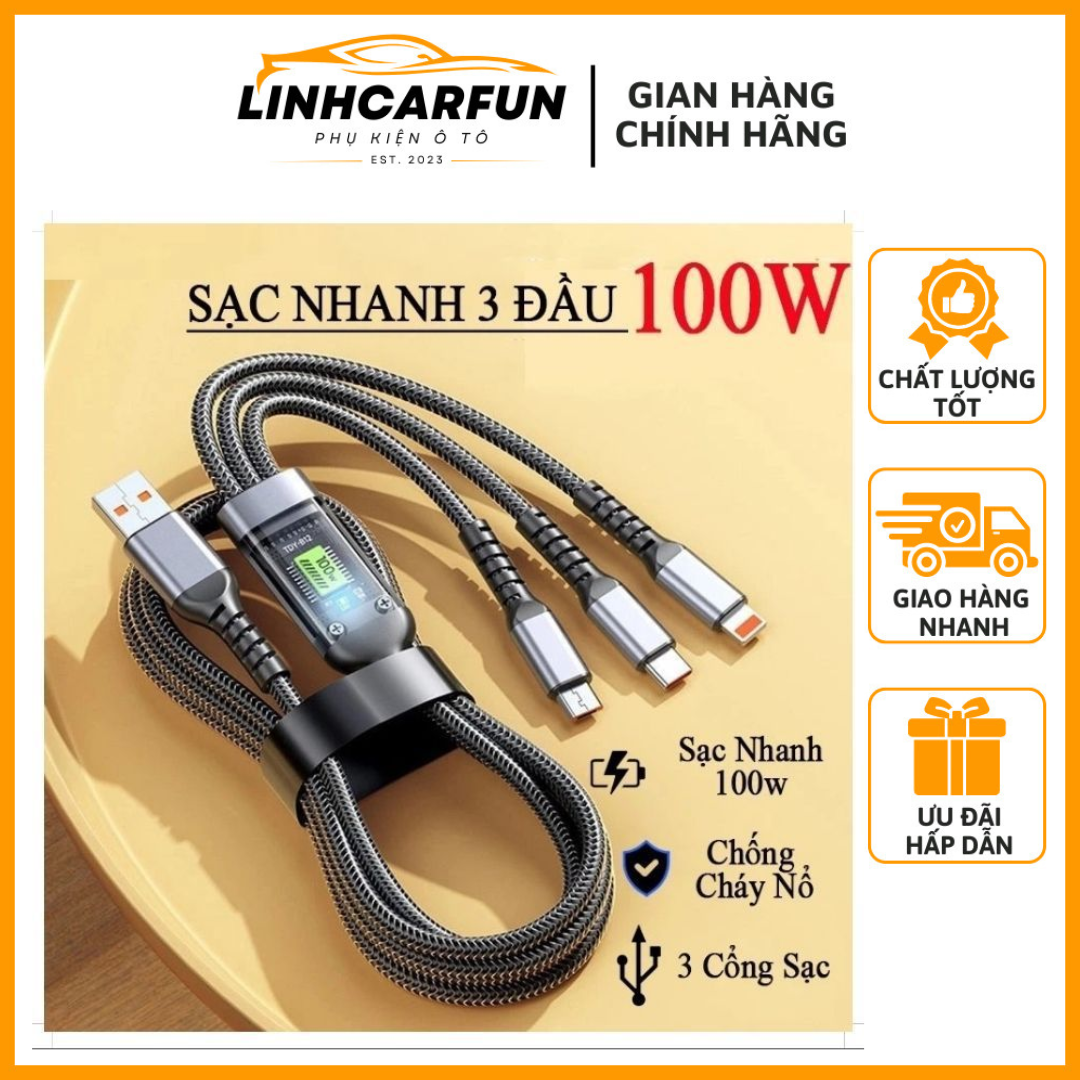 Dây Cáp Sạc Dữ Liệu Sạc Nhanh 100W Micro USB Type C 3 Trong 1 6A - Dây Sạc Tự Ngắt