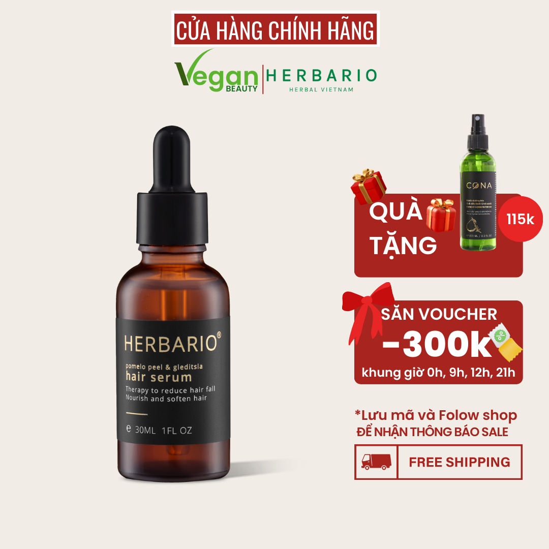 Serum bồ kết và vỏ bưởi Herbario 30ml giải pháp cho tóc hư tổn nặng, giảm tóc gãy rụng, tóc mọc dài và dày nhanh hơn