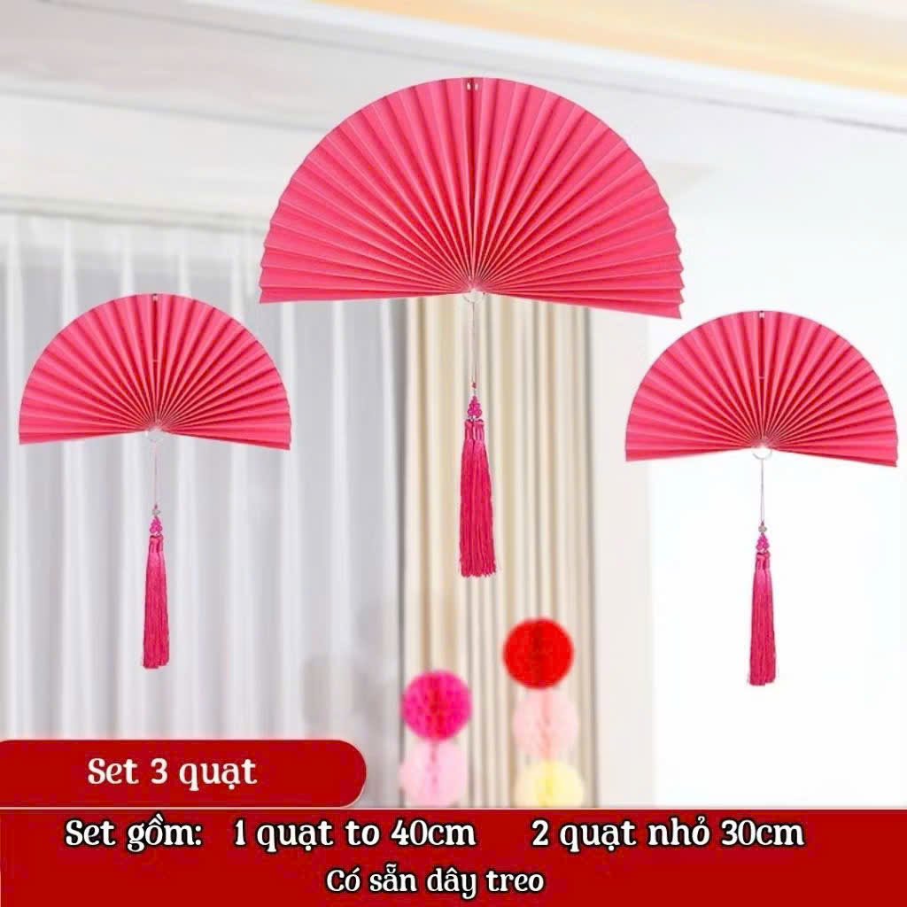 Set 3 Quạt Giấy Treo Trang Trí Tết Có Dây Tua Rua – Decor Nhà Cửa, Cây Cảnh Rước Lộc Đón Xuân