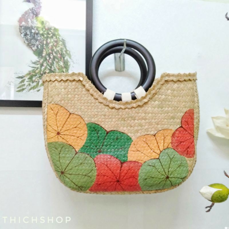 Túi cói vẽ lá sen đi biển & làm quà tặng
