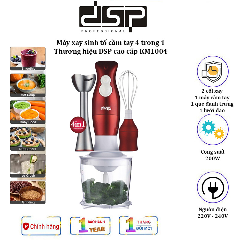 Máy xay sinh tố cầm tay 4 trong 1 dsp km1004 công suất 200w với 2 tốc độ - bảo hành 6 tháng