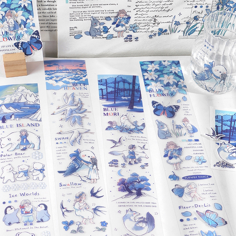 Đồ chơi hình dán JUST BLUE trang trí sổ tay, Set hình dán dạng dài họa tiết mùa đông trang trí sổ nhật ký siêu xinh