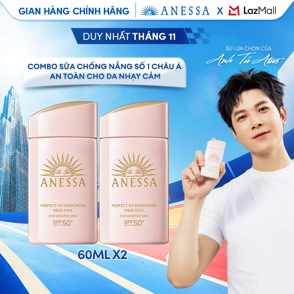 Combo Sữa chống nắng dưỡng da dịu nhẹ an toàn cho da nhạy cảm và trẻ em Anessa Mild Milk SPF50+ P