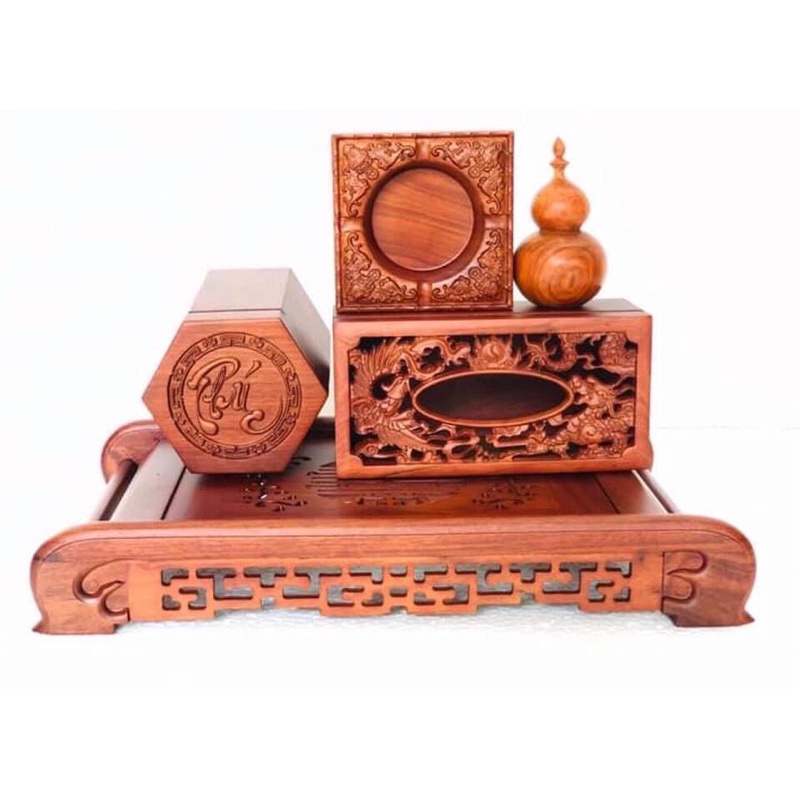 Bộ đồ khay trà cuốn thư , hộp chè , hộp giấy , gạt tàn , lọ tăm làm bằng gỗ hương đỏ nam phi dùng trang trí nội thất