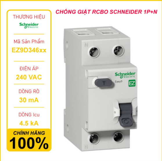 Cầu dao bảo vệ quá tải, ngắn mạch và chống dòng rò easy9 rcbo 1p+n 10a,16a,20a,25a,32a 4.5ka 30ma ac type