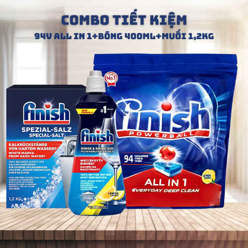 Combo rửa bát Finish All in one : Túi All in one 94 viên + Muối 1,2kg + Nước làm bóng 400ml - Nhập khẩu Châu Âu.