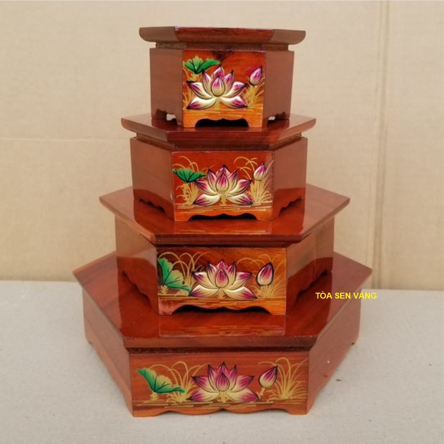 Đế gỗ lục giác - Đôn Gỗ Trang trí hoa sen đắp nổi, có nhiều kích thước