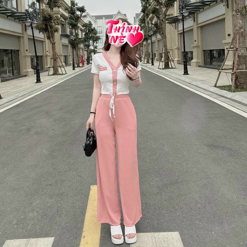 Sét bộ áo thun tay ngắn cổ V Mix quần dài ống rộng hotrend Cun Cute kiểu dáng trẻ trung hợp xu hướng SBBB7