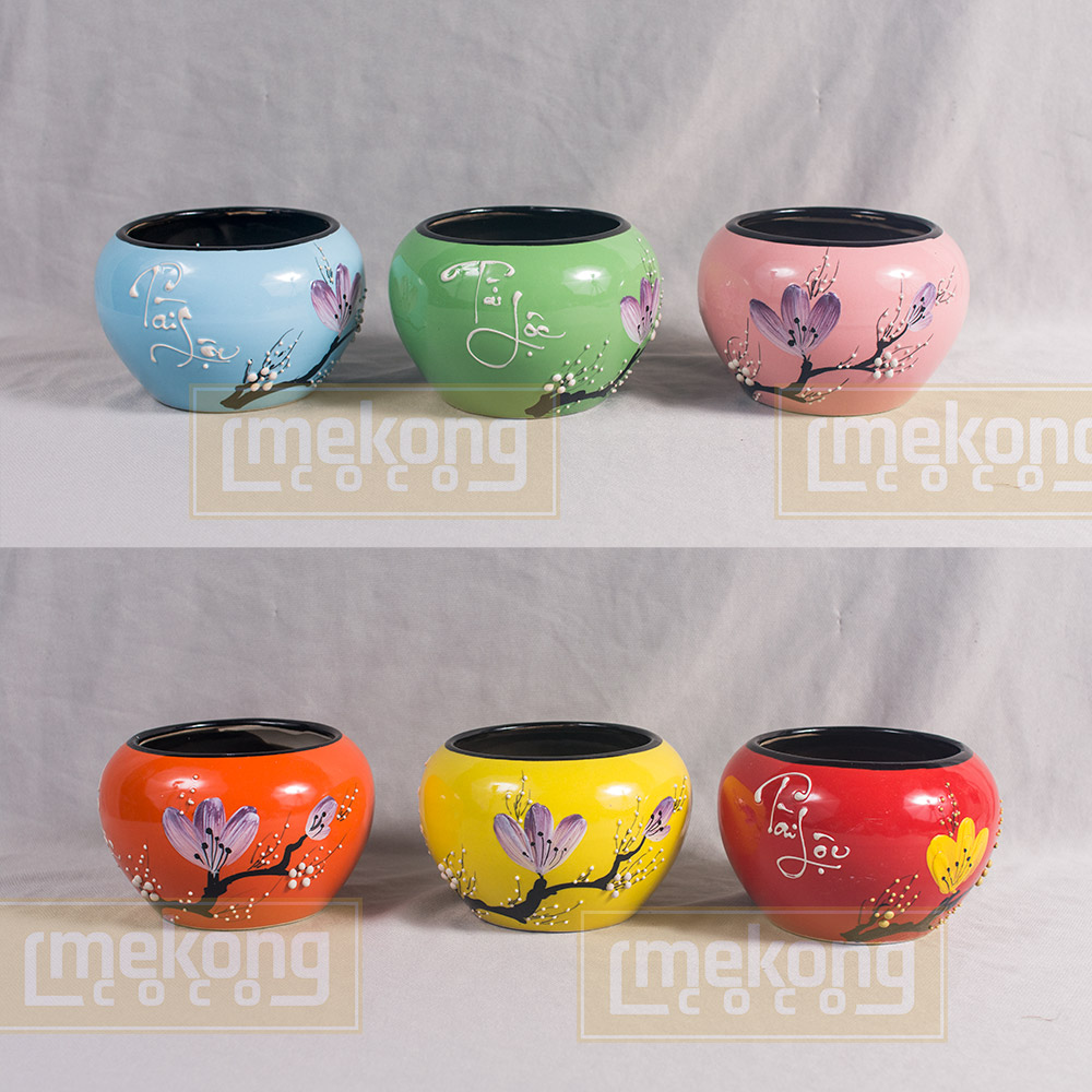 Bình bát cắm hoa/chậu trồng cây Tài Lộc gốm Bát Tràng 14cm men bóng cute