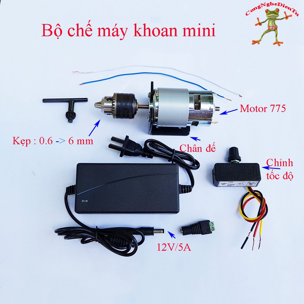 Trọn bộ chế máy khoan với motor 775 kèm adapter nguồn 12v 6A