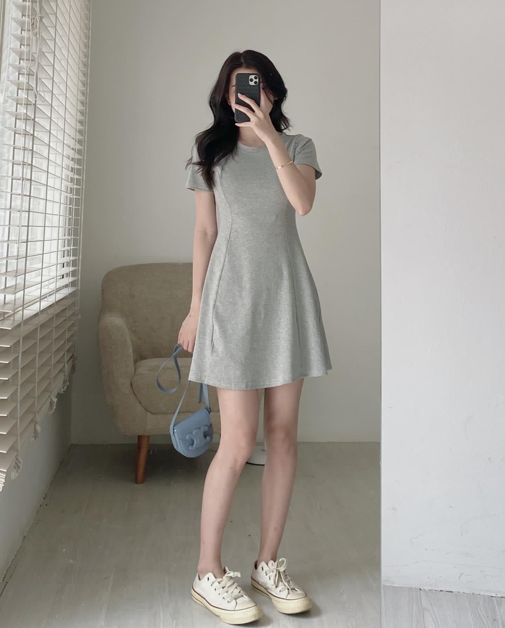 Váy thun dáng ngắn basic EMIX, đầm mini cổ tròn cộc tay, size dưới 55kg, ôm body tôn dáng