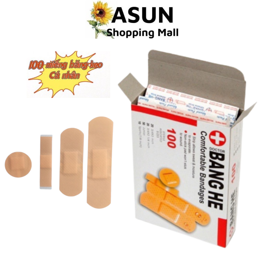 Hộp 100 miếng băng dán cá nhân 4 size bang he tiện lợi