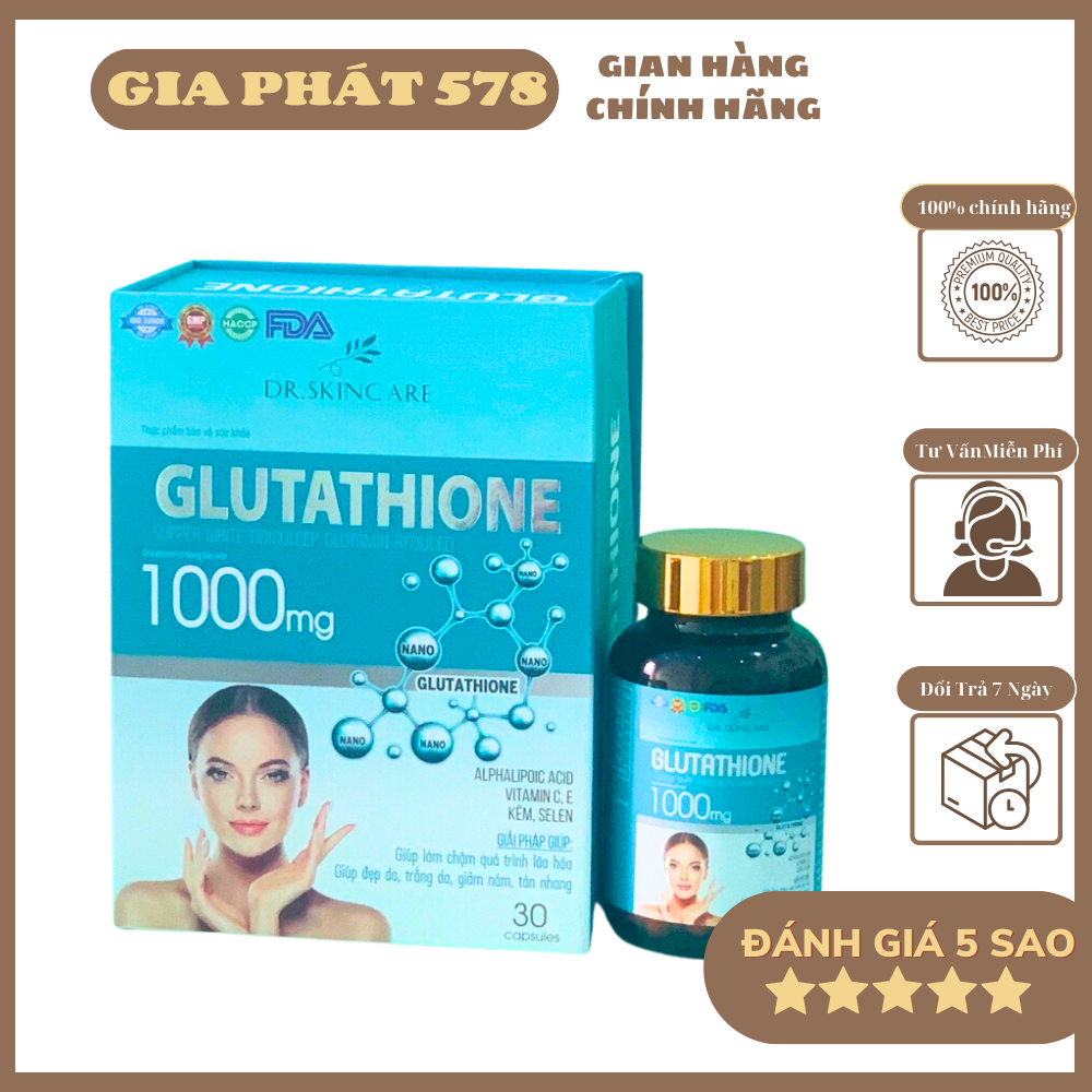 Viên uống trắng da mờ nám GLUTATHIONE 1000 mg - Hộp 30 viên - Mẫu MỚI 2022