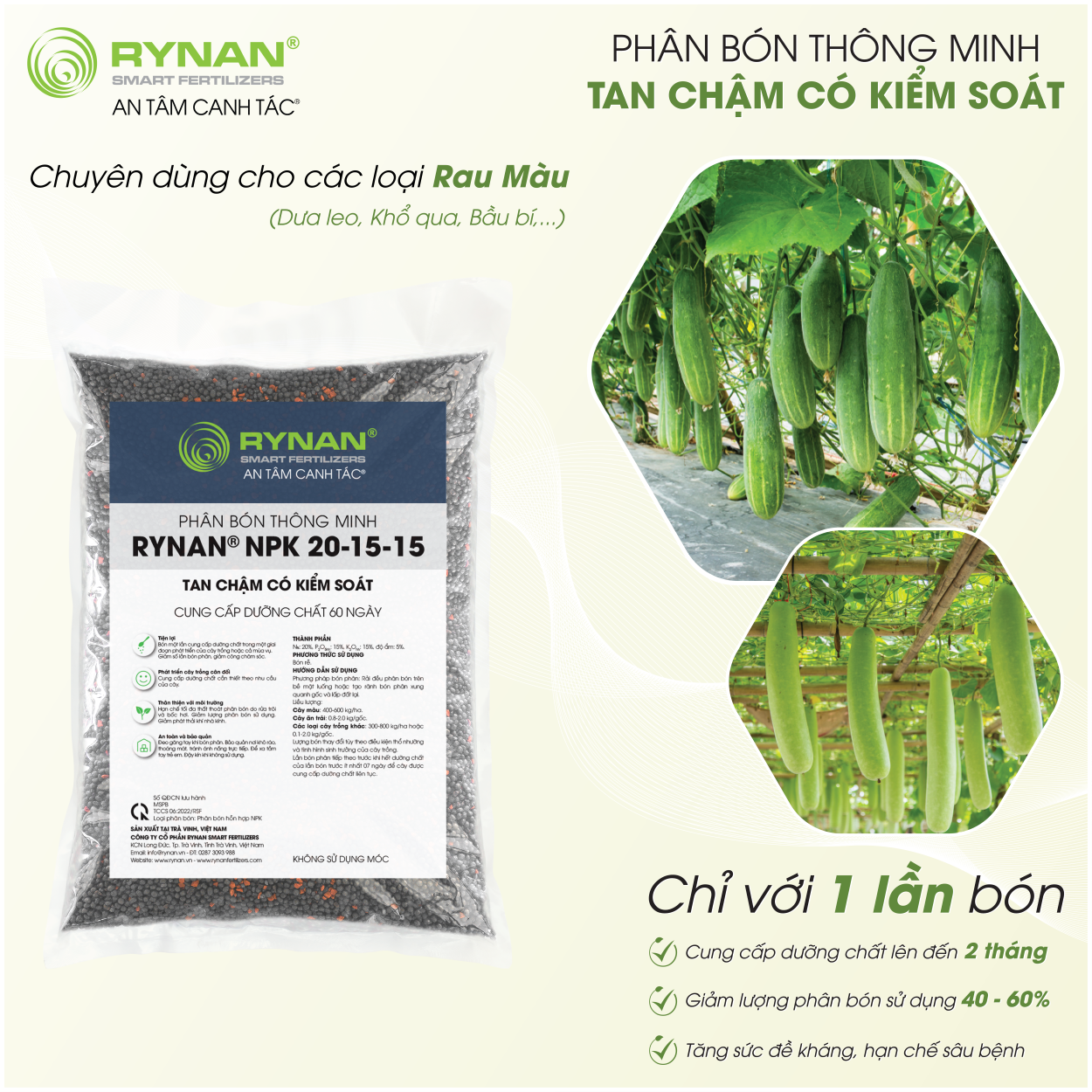 Phân bón tan chậm dùng cho rau củ, hoa màu rynan® npk 20-15-15