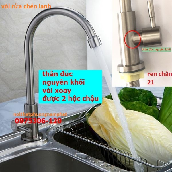 NƯỚC MẠNH Vòi Rửa Chén Bát Lạnh Inox 304 quay 360 độ dùng cho 2 hộc chậu N5002 Fotar vòi tròn nước mạnh độ bền cao