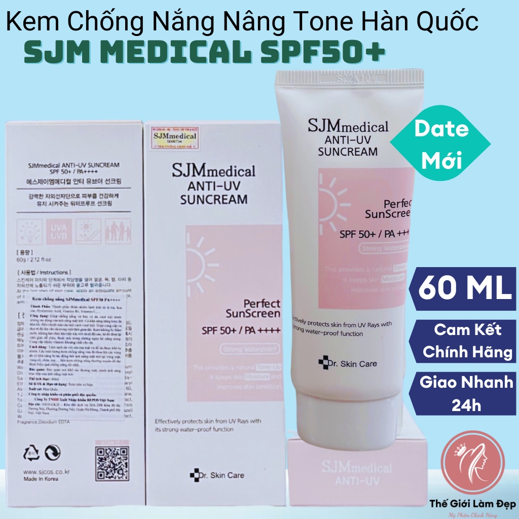 Kem sữa chống nắng kiềm dầu nâng tone trắng da mặt vật lý body toàn thân Sjm Medical mỹ phẩm Hàn Quốc nam nữ sunscreen Sun Cream Spf 50+ 60ml,kem chong nang chôngs trống nắng kcn da dầu mụn phổ rộng skincare đồ trang điểm makeup giá rẻ-Thế Giới Làm Đẹp 