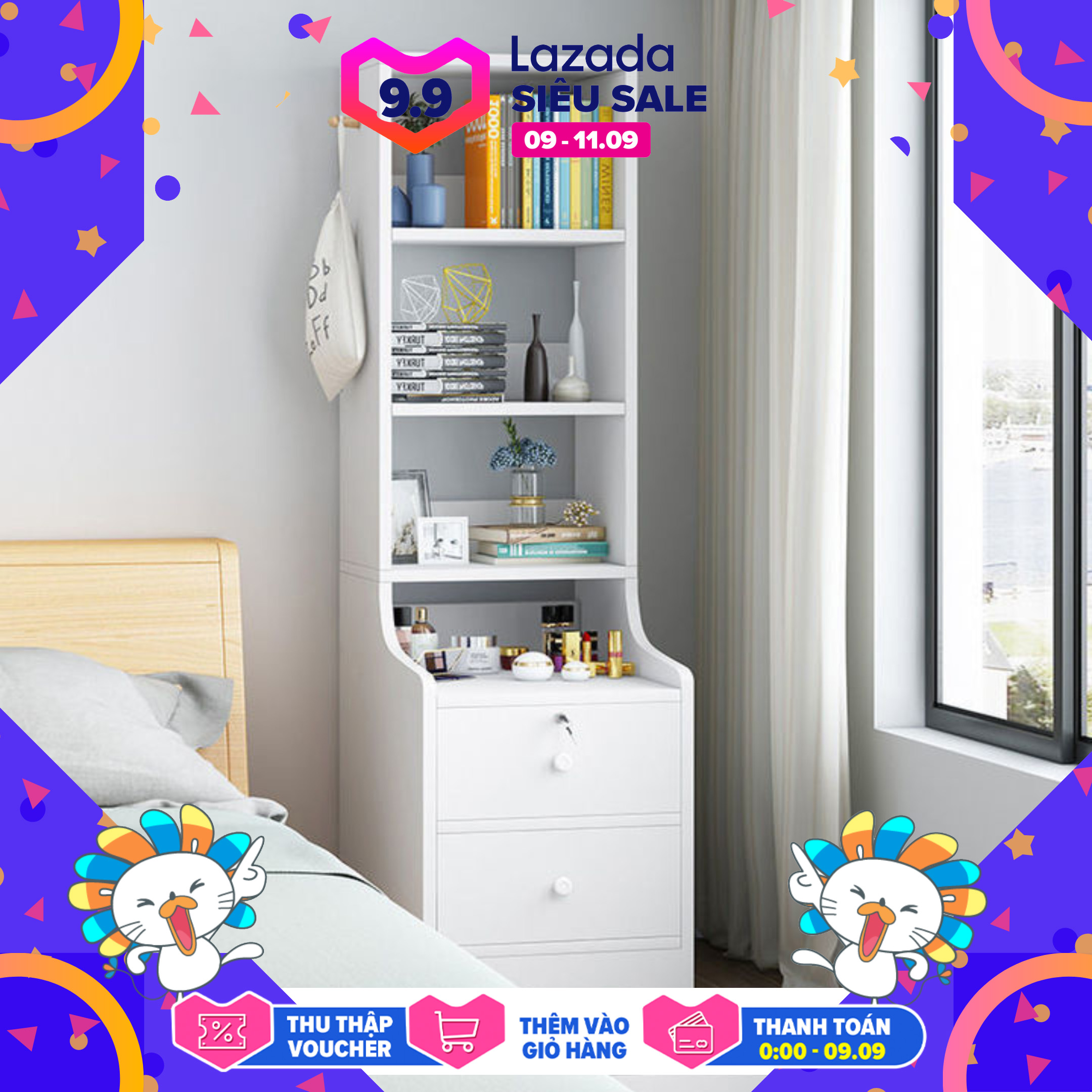 Tủ Đầu Giường, Tủ Gỗ, Tủ Kệ Đầu Giường Phòng Ngủ Có 2 Ngăn Kéo 3 Kệ kích thước 40x35x118cm