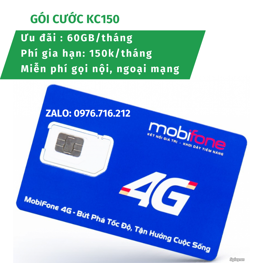 Sim 4G Mobi KC150 , Free cuộc gọi nội mạng dưới 10p và 80p ngoại mạng , Data 2Gb/ngày thay thế gói e