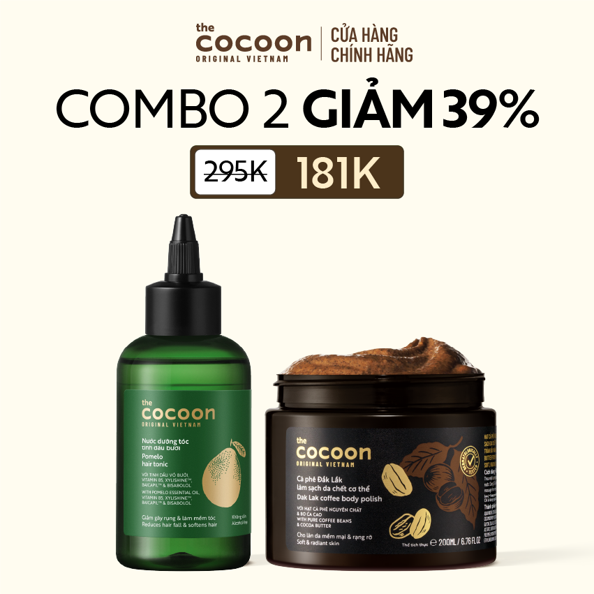COMBO 1 Nước dưỡng tóc tinh dầu bưởi Cocoon140ml + 1 Hũ Cà phê Đắk Lắk làm sạch da chết cơ thể 200ml