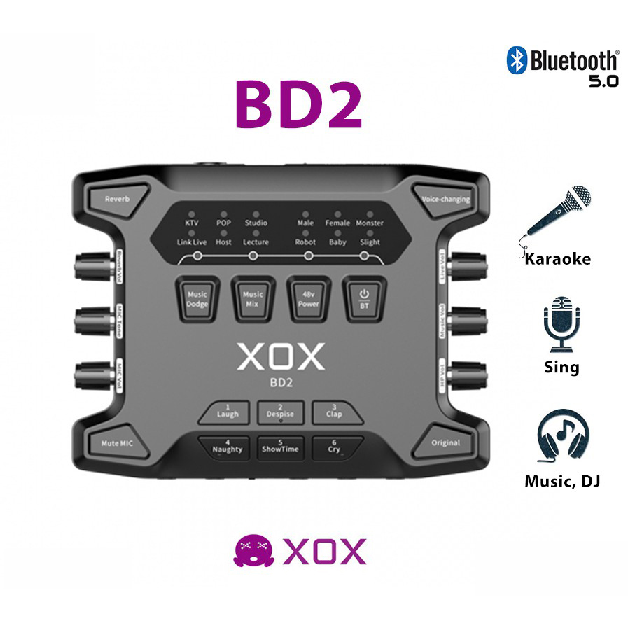 (BẢN NÂNG CẤP)Sound Card XOX BD2-Lấy Nhạc Qua Bluetooth 5.0-Tích Hợp Nguồn 48v-Hiệu Ứng Âm Thanh Tùy Chỉnh-Hỗ Trợ 2 Micro, 2 Tai Nghe Song Ca Dễ Dàng, Livstream Được 3 Điện Thọai Cùng Lúc-Thu Âm, Livestream, Karaoke Online Chuyên Nghiệp