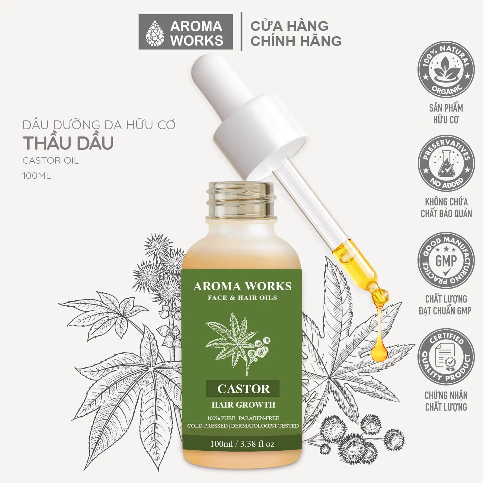 Dầu Dưỡng Da Aroma Works Face & Hair, Dầu Neem, Dầu Thầu Dầu, Mù U, Argan, Jojoba 100ml