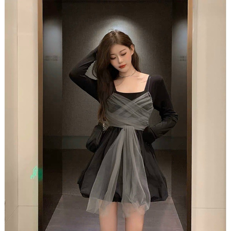 Đầm đen xoè bồng cổ vuông phối lưới chéo cam kết sản phẩm đúng mô tả chất lượng đảm bảo an toàn cho người sử dụng