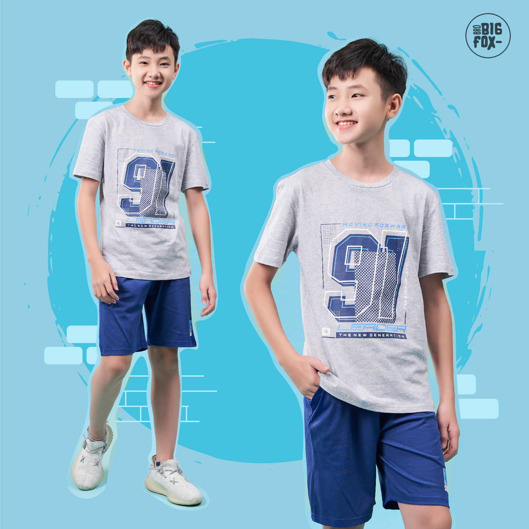 Bộ bé trai size đại, đồ bộ cộc tay cho bé tuổi teen chất cotton phong cách Âu Mỹ hình in Leader 43 – 57 kg QATE