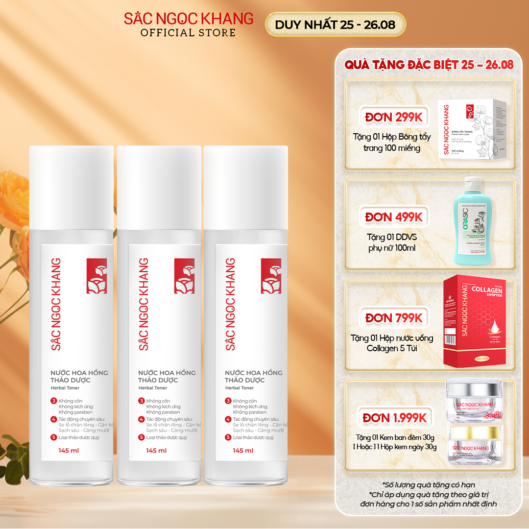 Combo 3 Nước hoa hồng thảo dược Sắc Ngọc Khang với thành phần 5 loại hoa  giúp tăng cường tác dụng của kem dưỡng, phòng ngừa nám sạm, sáng mịn làn da 145ml