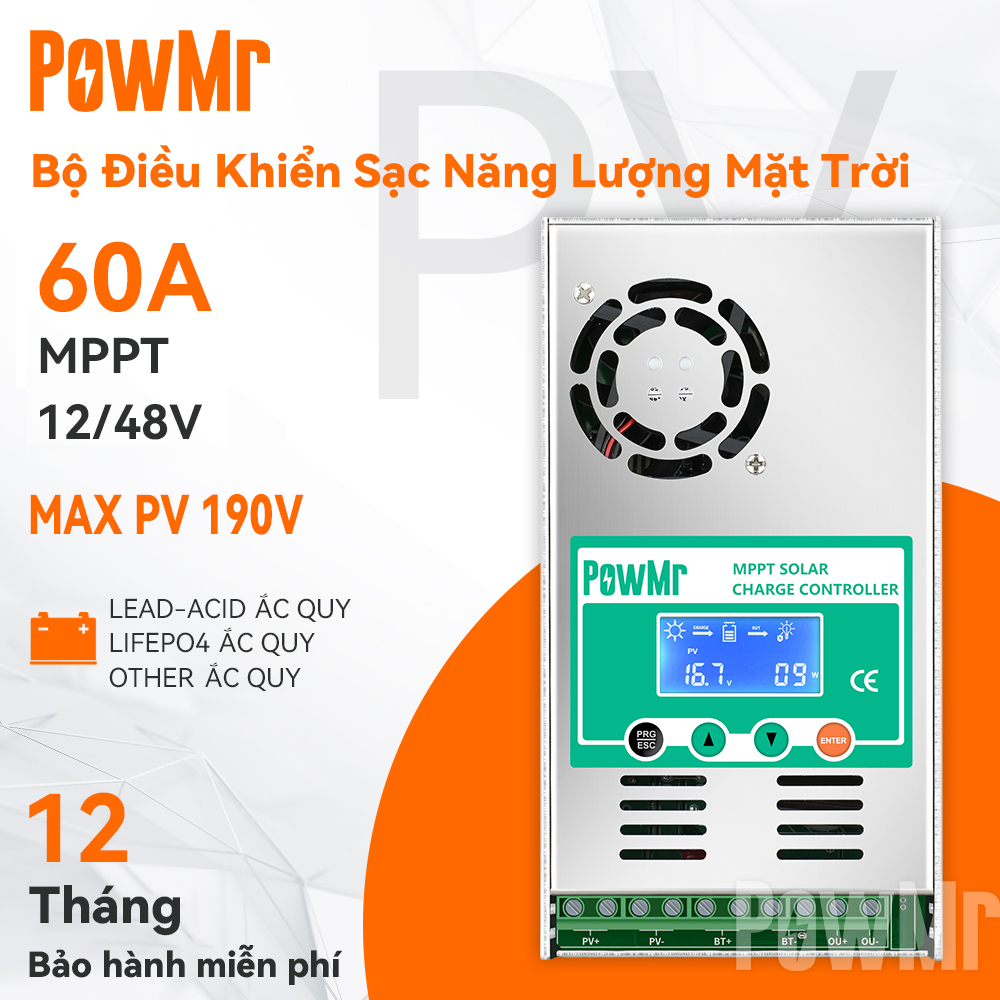 PowMr 60A MPPT Bộ Điều Khiển Sạc Năng Lượng Mặt Trời Và Bộ Điều Khiển Xả 12V-48V Quạt LCD Tự Động 190vdc Có Hỗ Trợ Đèn Nền Pin Lithium Axit Chì