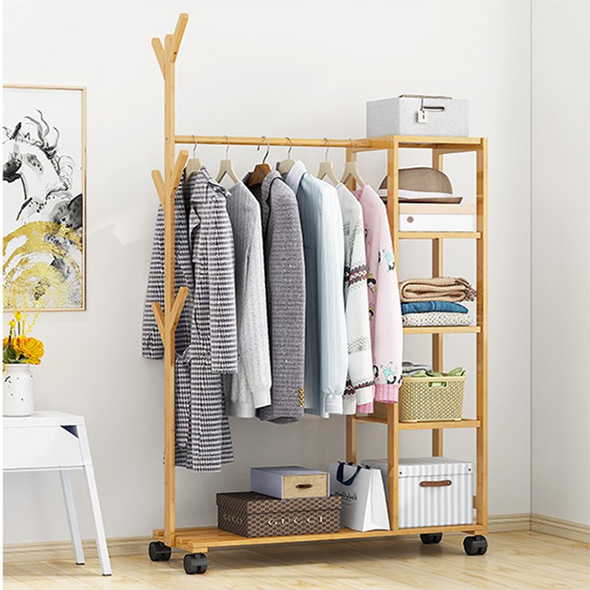 Giá treo quần áo đa năng bằng gỗ kết hợp cây treo đồ và kệ để quần áo GT52