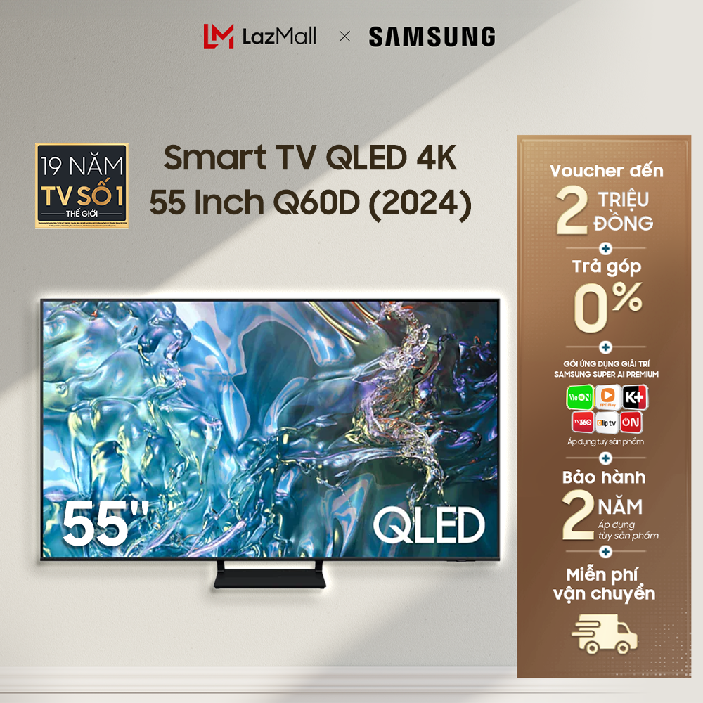 Smart Tivi Samsung 55 Inch QLED Q60D QA55Q60DAKXXV 4K Tizen OS (2024)- Hàng Chính Hãng - Phân Phối Bởi Lazada - MIỄN PHÍ VẬN CHUYỂN TOÀN QUỐC