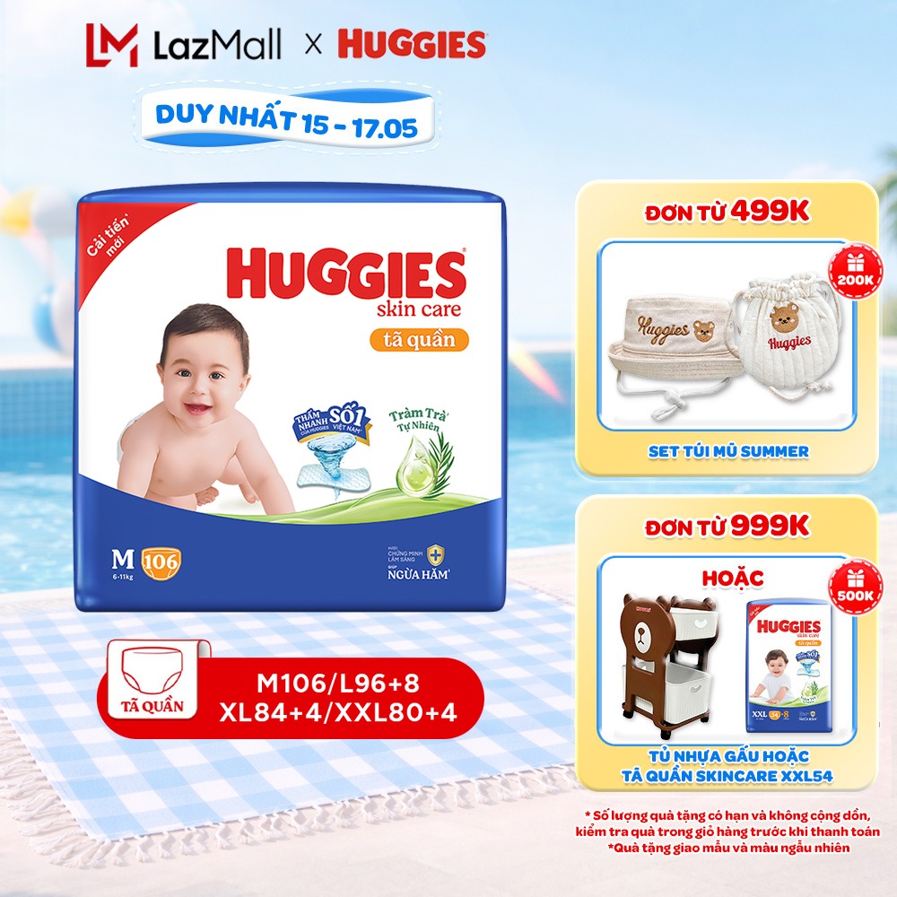 Tã quần Huggies Skincare Mega Jumbo M106/L100+4/XL84+4/XXL76+4 với tràm trà dịu da