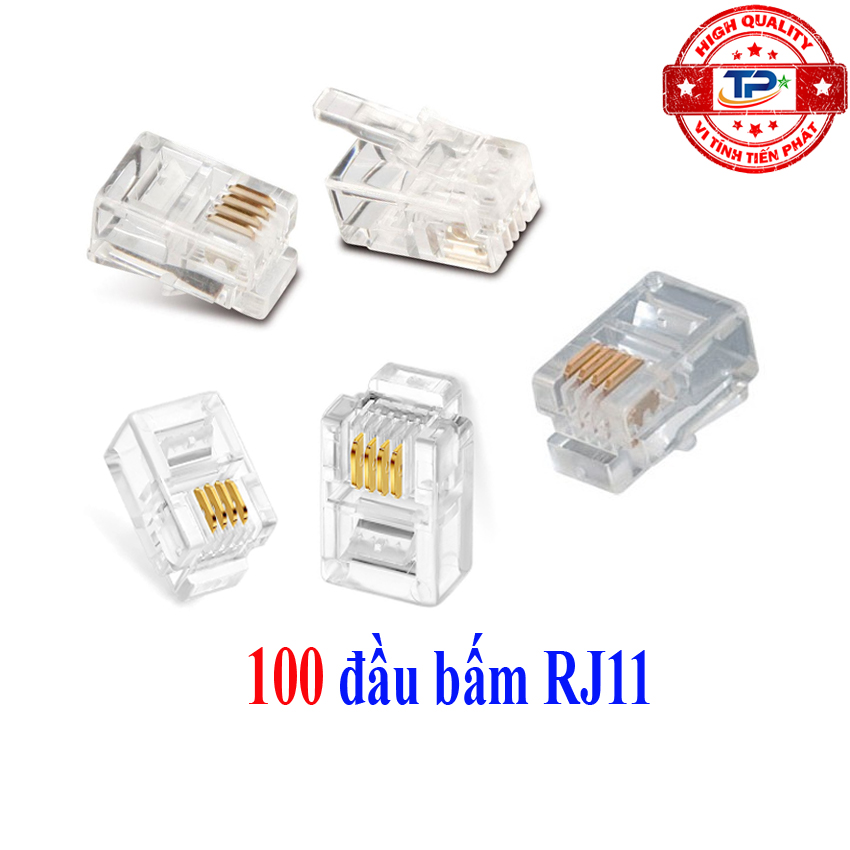 Hộp 100 hạt đầu cáp điện thoại RJ11 nhựa 4 chân ( 4 line tim )  - Dùng hạt bấm cho dây cáp điện thoại bàn